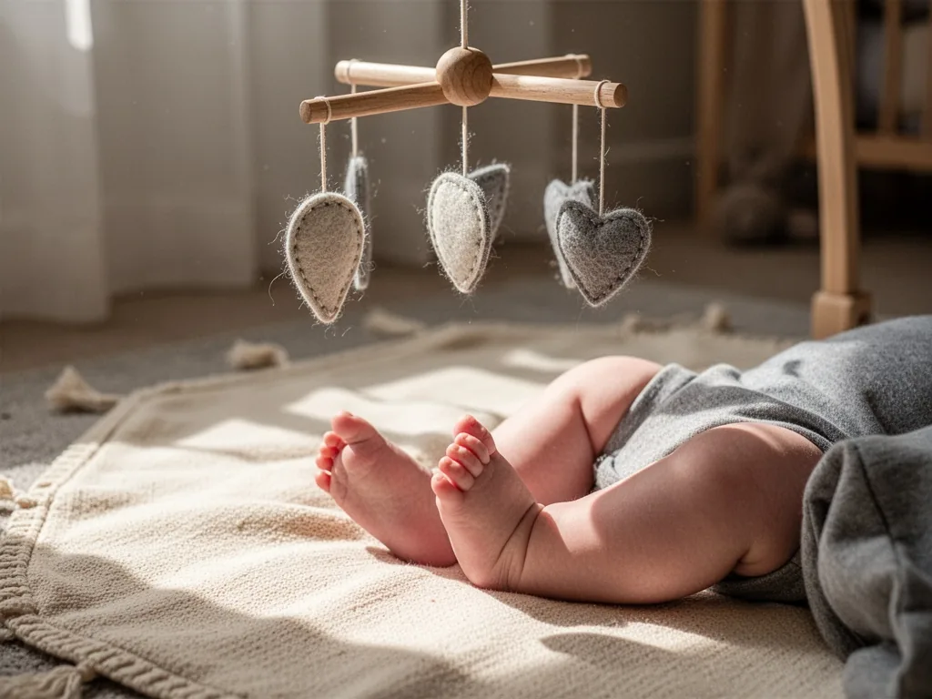 A baby's bare feet and legs resting on a natural cotton play mat, a simple wooden mobile with felt shapes hanging above,