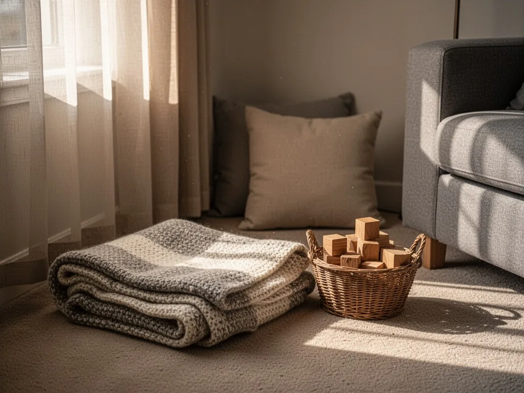 A compact living room corner with a folded wool blanket on the floor, a small wicker basket of wooden blocks, a single c