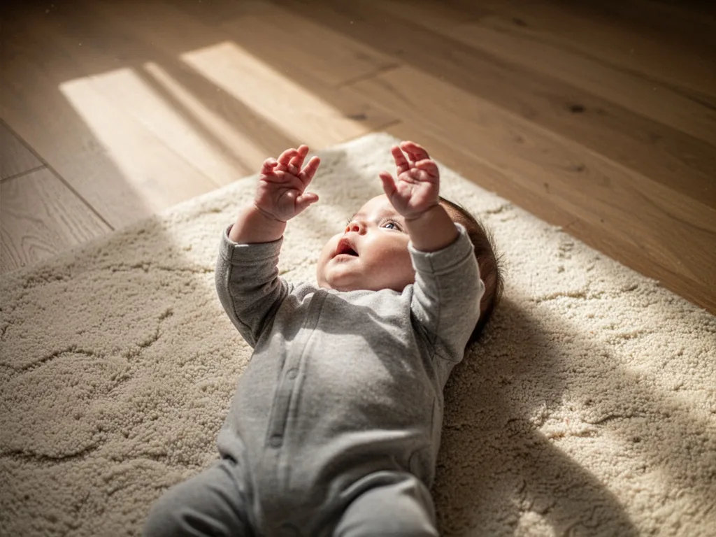 A baby lying on a soft cream rug, tiny hands reaching upward toward the ceiling, an empty wooden floor all around, gentl