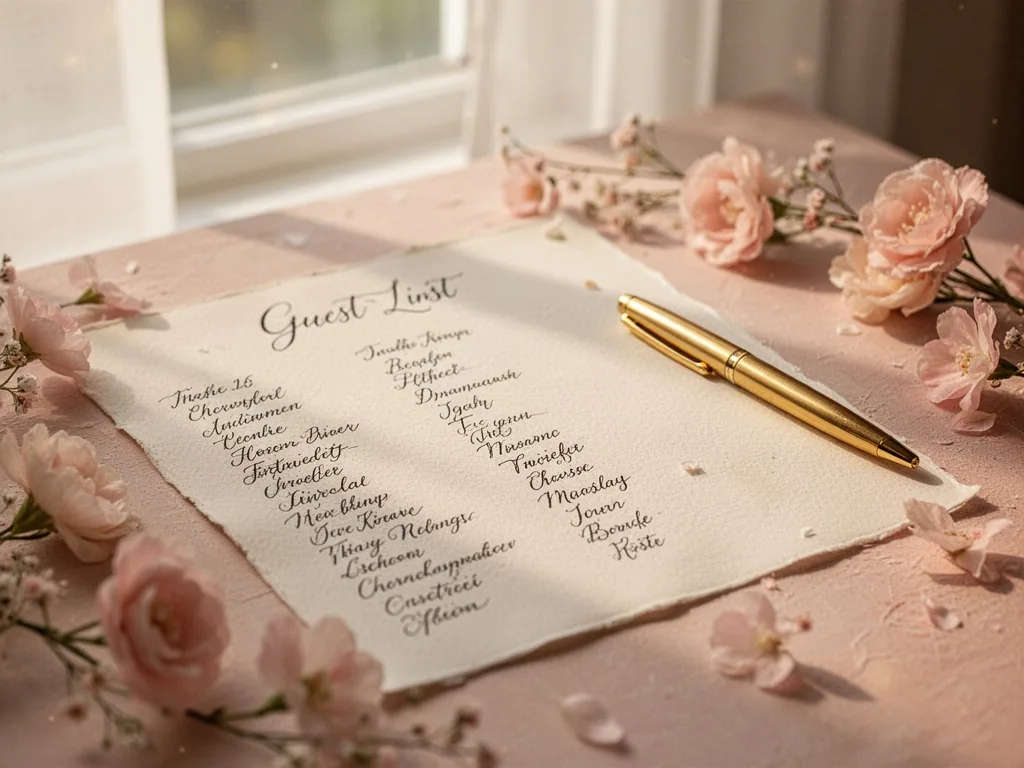 A handwritten guest list on cream paper, a gold pen resting beside it, delicate floral decorations scattered around, sof