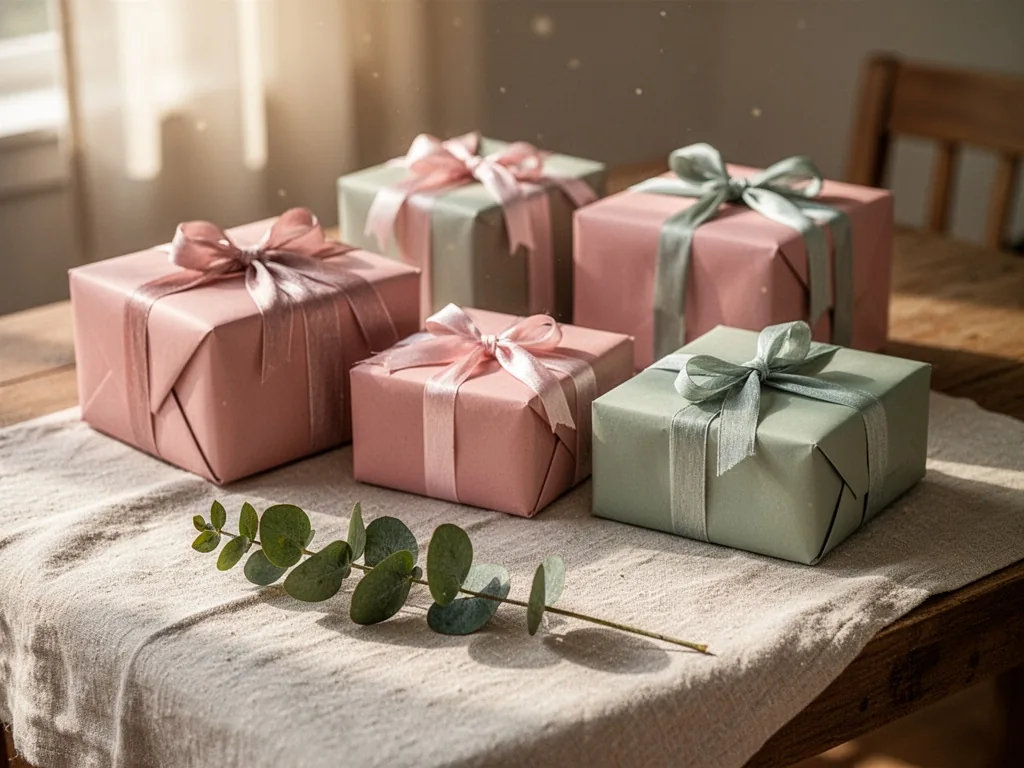 A curated gift table with three elegantly wrapped presents in muted pink and sage, a single sprig of eucalyptus on a lin