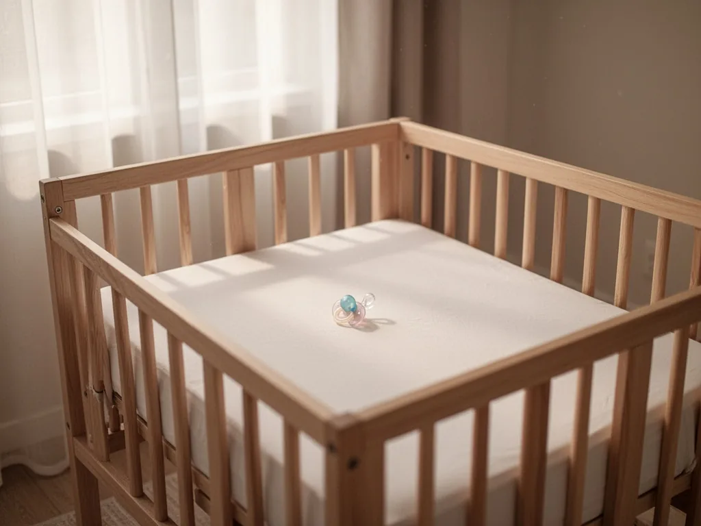 A minimalist baby crib with a firm mattress and fitted sheet, empty except a single pacifier, soft morning light through