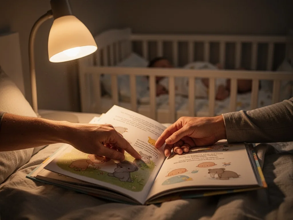 A parent's hand gently turning a page of a children's book under a dim bedside lamp, baby's silhouette in crib backgroun