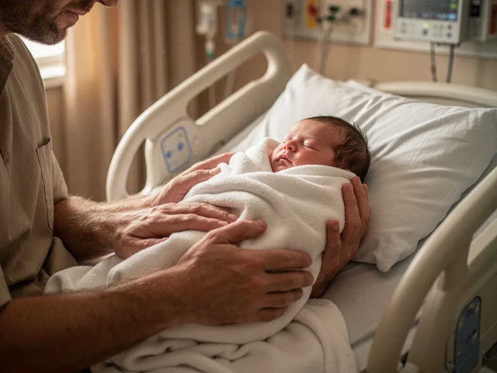 A father's hands gently cradling a newborn wrapped in a white blanket, hospital room in soft afternoon light, calm and p