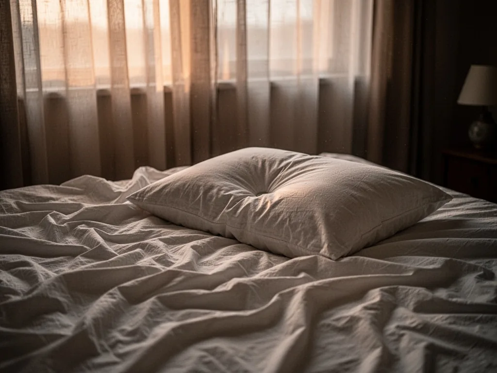 A rumpled white bedsheet with a single pillow dented in the center, soft morning light filtering through sheer curtains