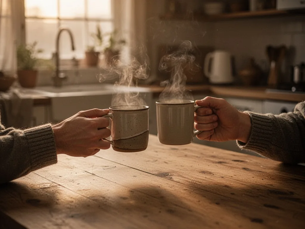 Two hands reaching toward each other across a wooden table, one holding a steaming mug, warm kitchen light