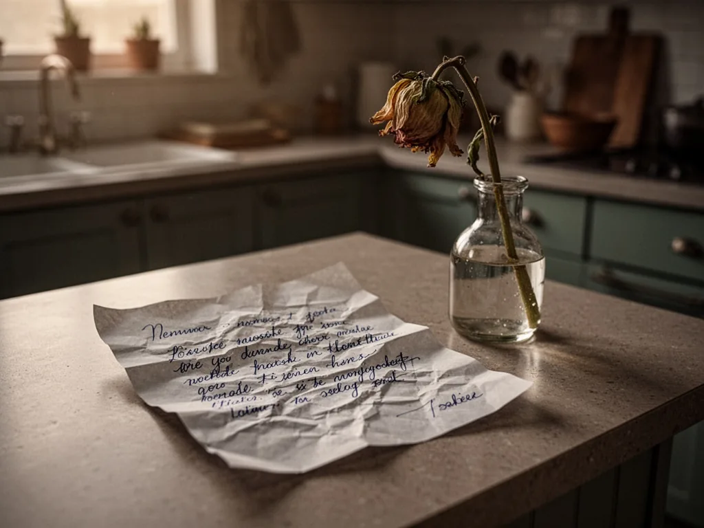 A crumpled paper note written in blue ink lying on a kitchen counter, a single wilting flower in a small vase