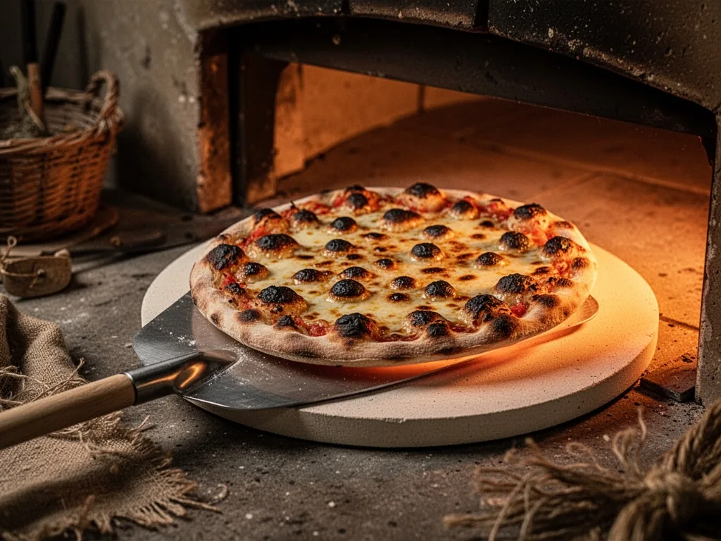 A pizza peel with a partially baked pizza sliding back onto a glowing pizza stone, charred bubbles on the crust, warm ov