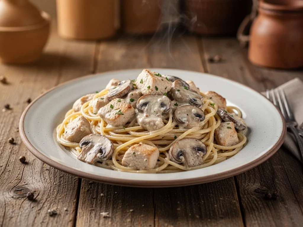 A plate of spaghetti with chicken chunks and sliced mushrooms, coated in creamy sauce, on a rustic wooden table, soft wa