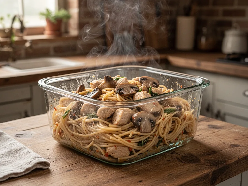 A glass storage container with leftover chicken and mushroom spaghetti, steam rising, on a kitchen counter, natural dayl