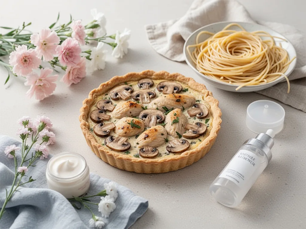 Tourte au poulet et champignons bien dorée sur une planche en bois, à côté d’une assiette de spaghettis nappés de sauce crémeuse.