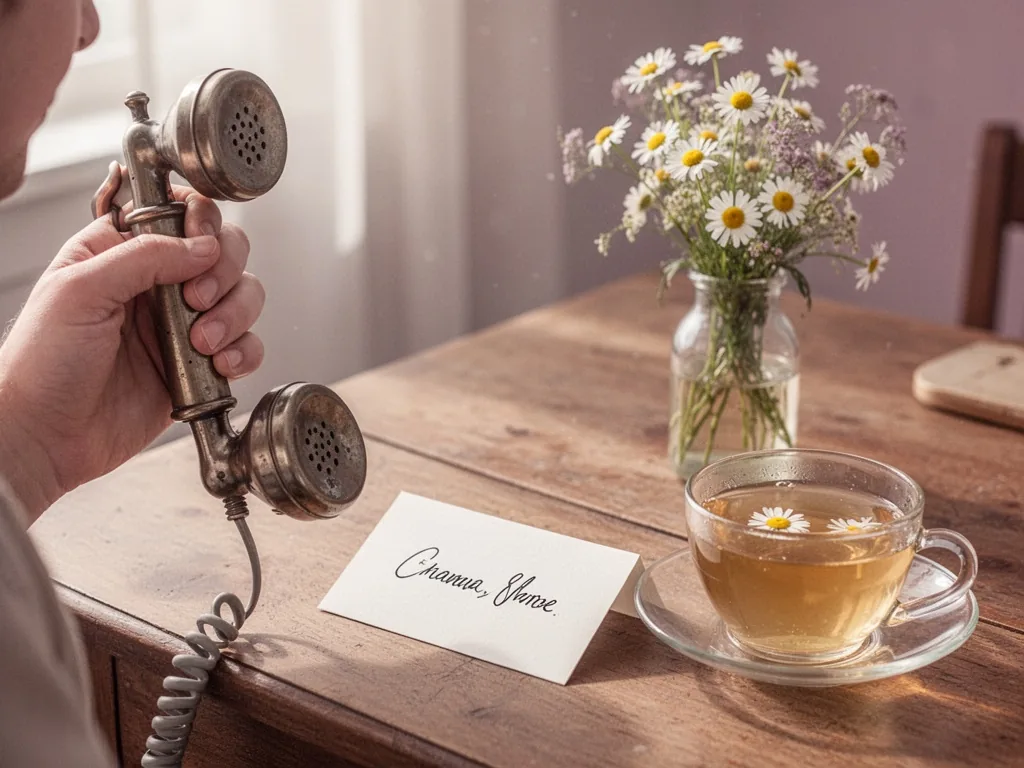 A vintage telephone receiver held to an ear, a handwritten name card on a wooden desk beside a cup of chamomile tea and