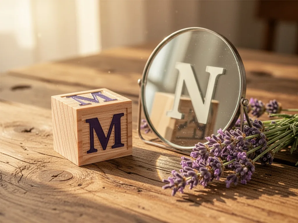 A wooden alphabet block with letter 'M' placed next to a mirror that reflects the letter 'N', on a rustic oak table, war