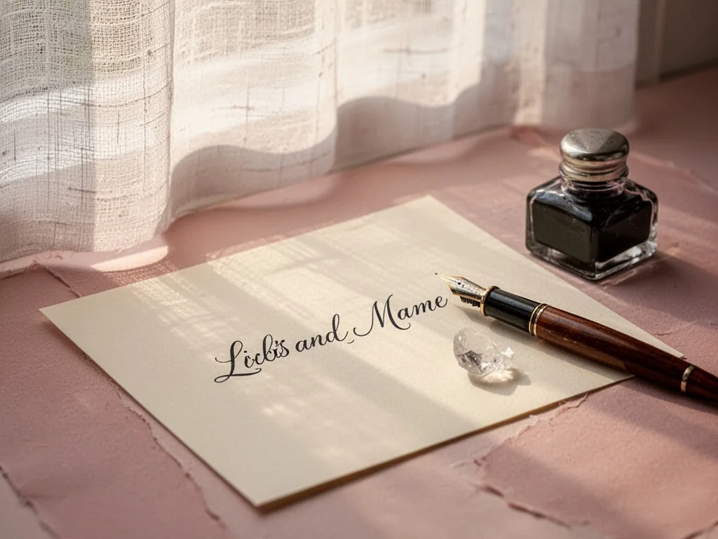 A handwritten note with a full first and last name in elegant cursive on cream paper, a fountain pen and inkwell beside