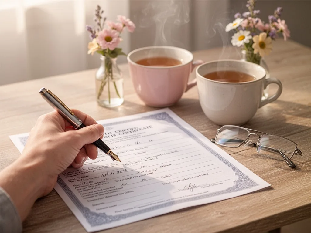 A hand holding a fountain pen over a birth certificate form on a wooden desk, a steaming cup of tea, a small vase of flo