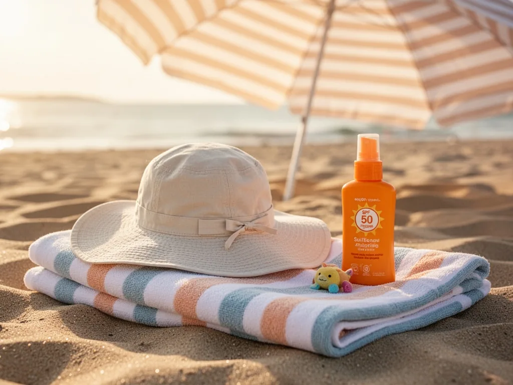 A wide-brimmed baby sun hat on a folded striped beach towel, beside a bottle of SPF 50 sunscreen and a small toy, under
