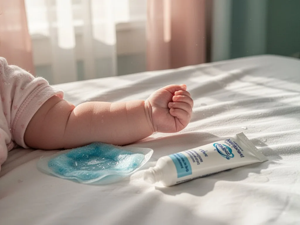 A baby's chubby arm resting on a white sheet, with a cold compress and a tube of soothing cream, soft afternoon light fi