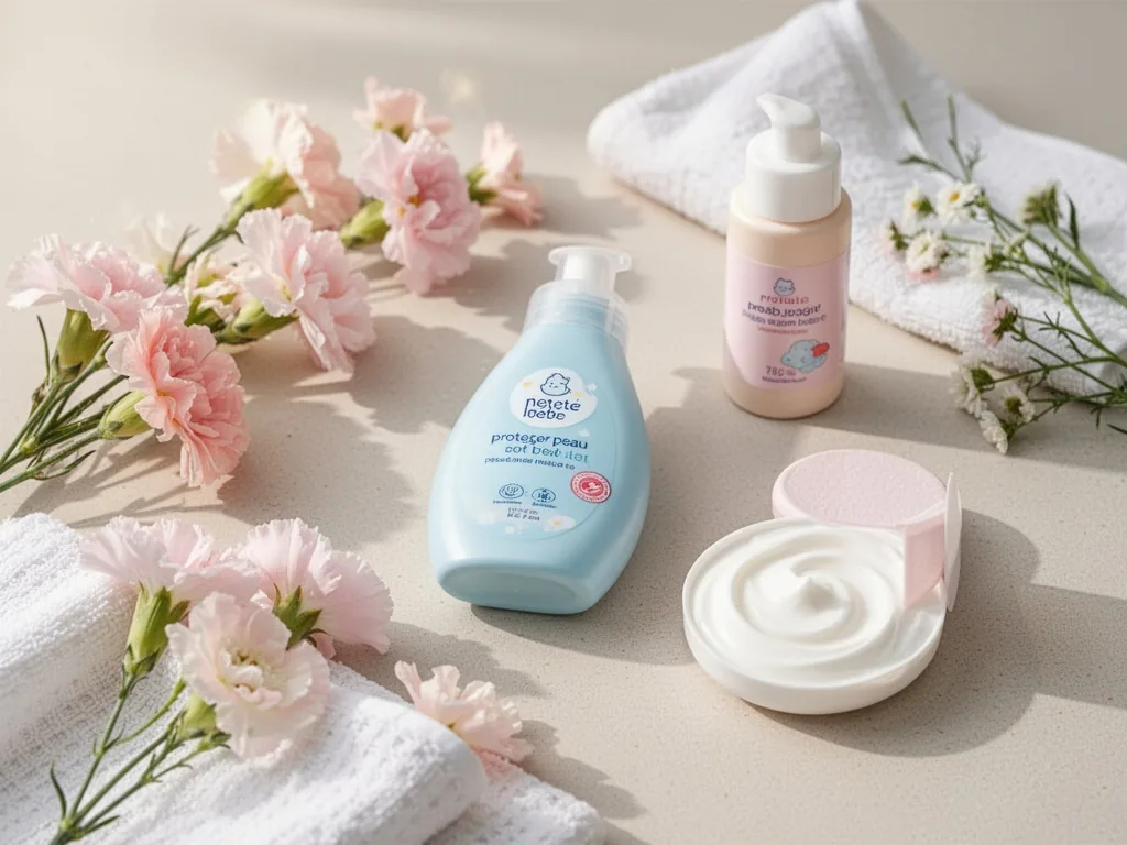 Bébé assis à l'ombre d'un parasol, portant un chapeau, avec un tube de crème solaire à côté de lui sur une serviette