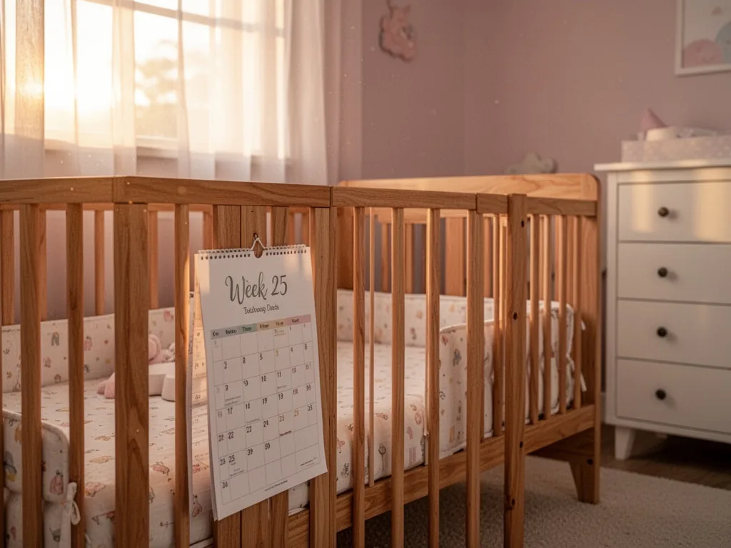 A wooden baby crib with a 'Week 25' calendar page propped against the footboard, soft afternoon sunlight filtering throu