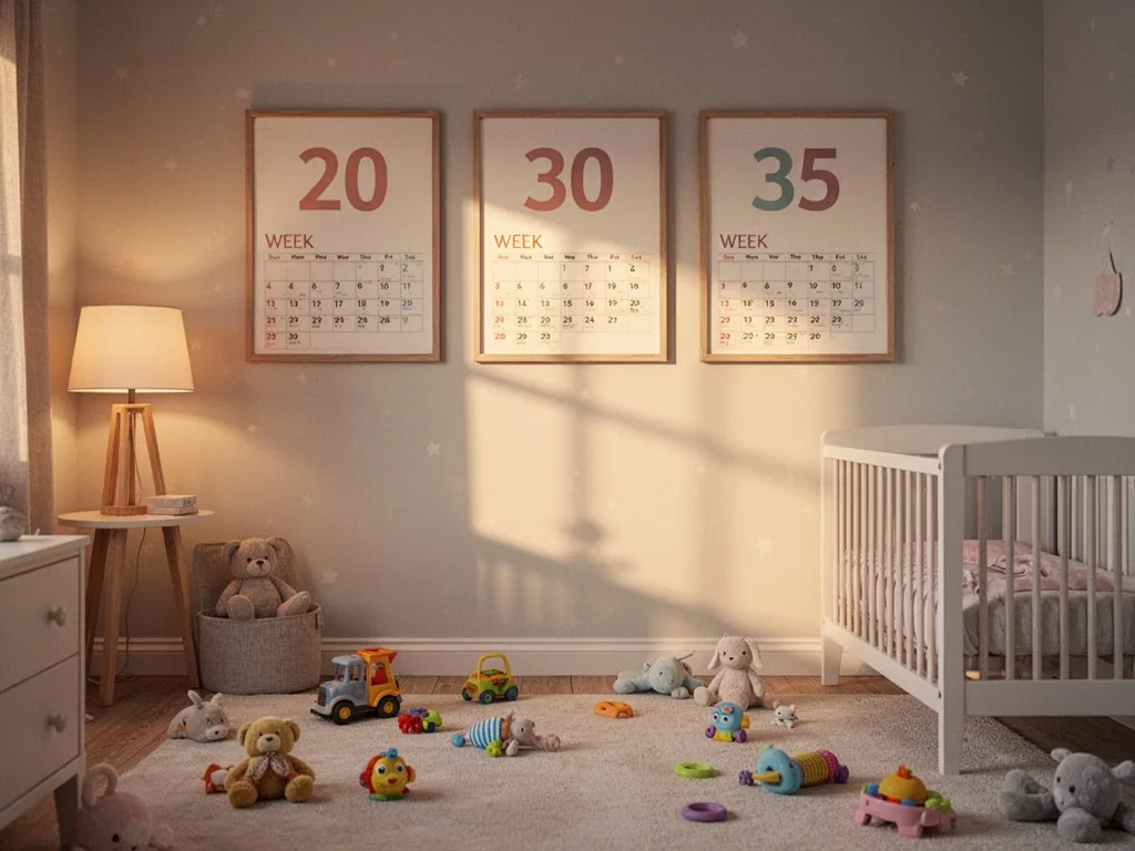 A nursery room with three framed calendar pages on the wall showing weeks 20, 30, and 35, scattered baby toys on the flo