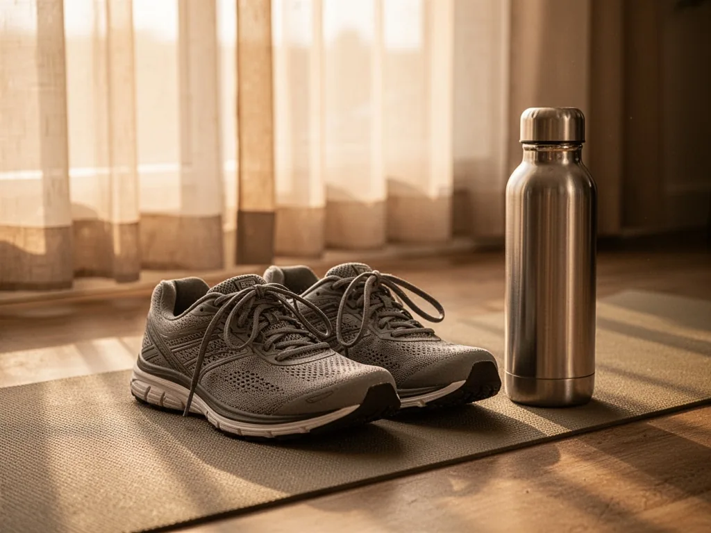 A pair of supportive athletic sneakers placed on a soft yoga mat, a stainless steel water bottle beside them, warm morni