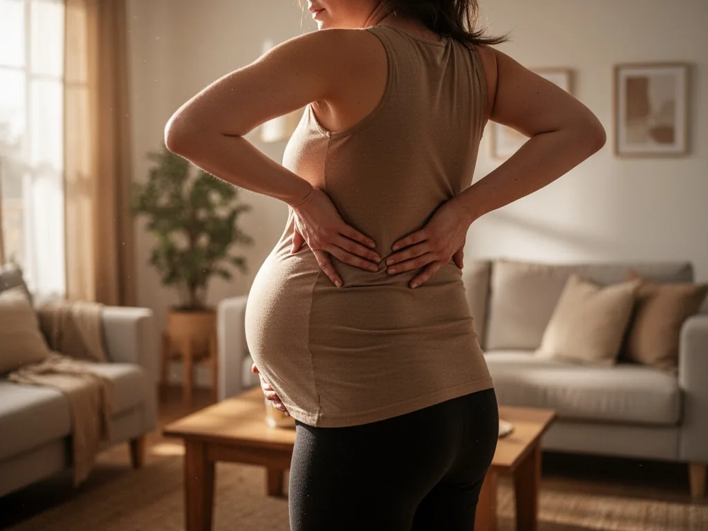 A pregnant woman's hands gently resting on her lower back, standing in a bright living room, soft side light highlightin