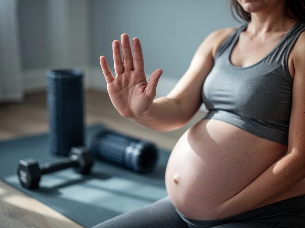 A pregnant woman's open hand held up in a clear stop gesture, blurred exercise mat and foam roller in background, cool s