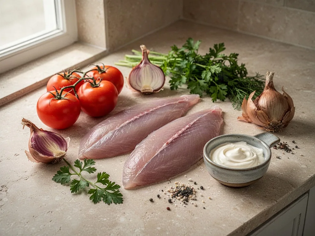 Fresh skinned roussette fillets anchor a careful ingredient arrangement on a pale stone kitchen counter, joined by tomat