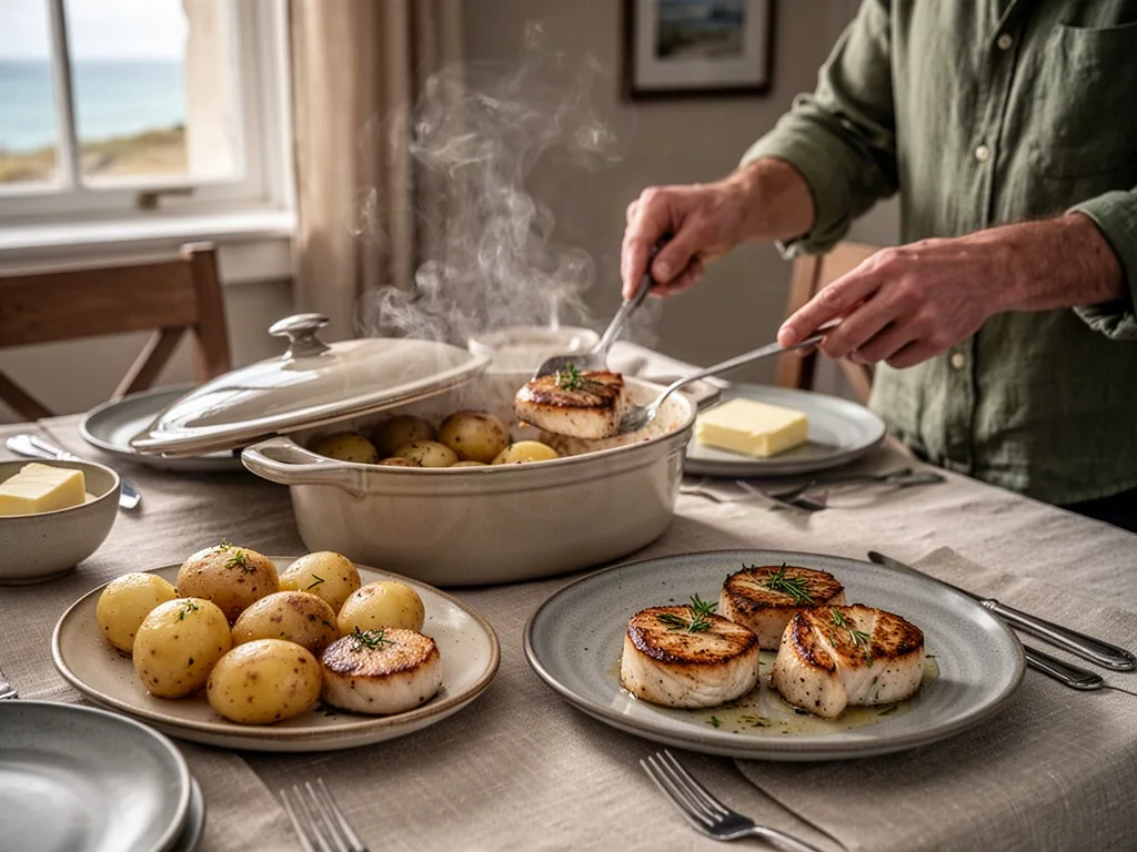 Cooked roussette medallions rest beside steaming potatoes as one diner serves a portion from a covered ceramic casserole