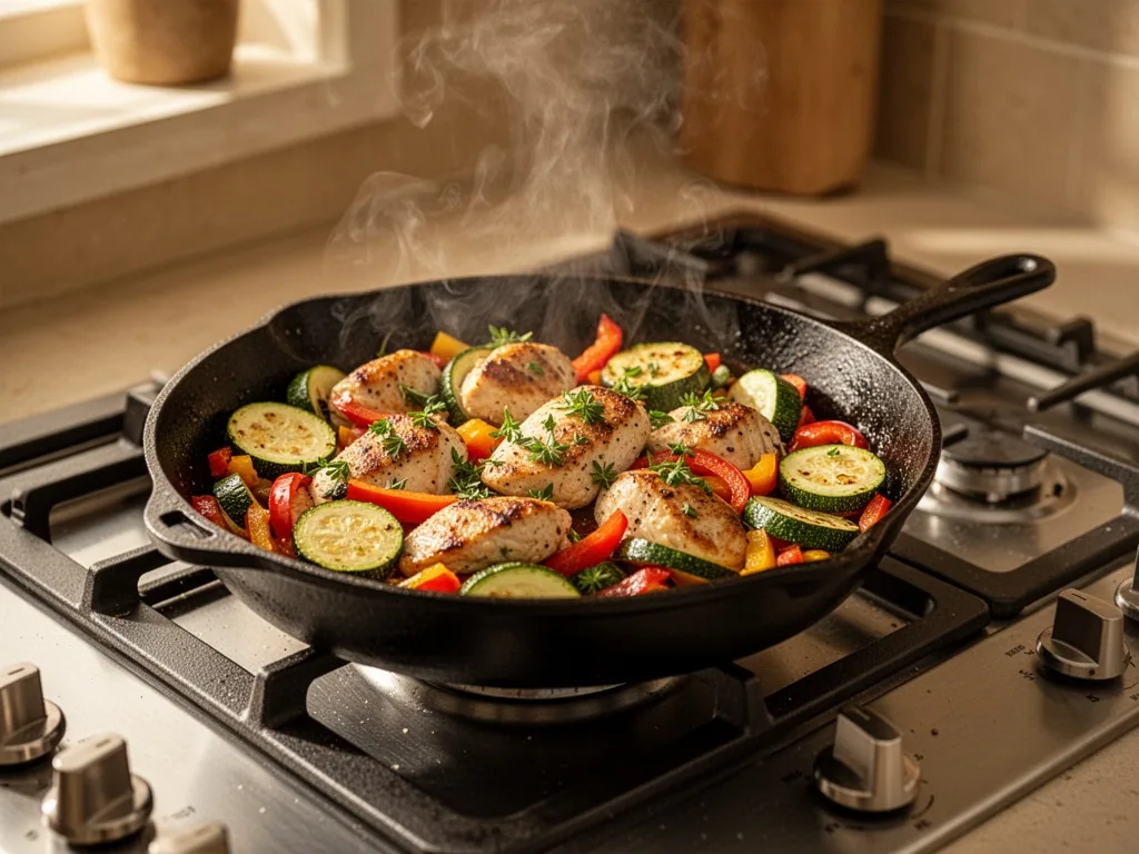 A cast-iron skillet filled with sautéed zucchini, bell peppers, and chicken pieces, fresh herbs scattered, steam rising,