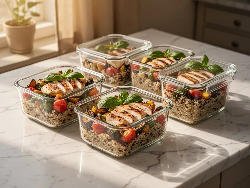 Glass meal prep containers with layered quinoa, roasted vegetables, grilled chicken, and fresh basil, arranged on a marb