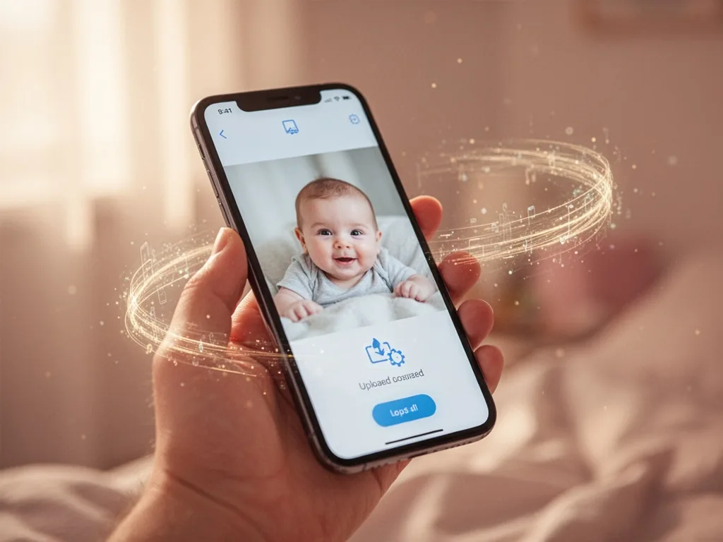 A smartphone held by a hand, screen showing a baby photo being uploaded, faint glowing digital trail behind the phone, s