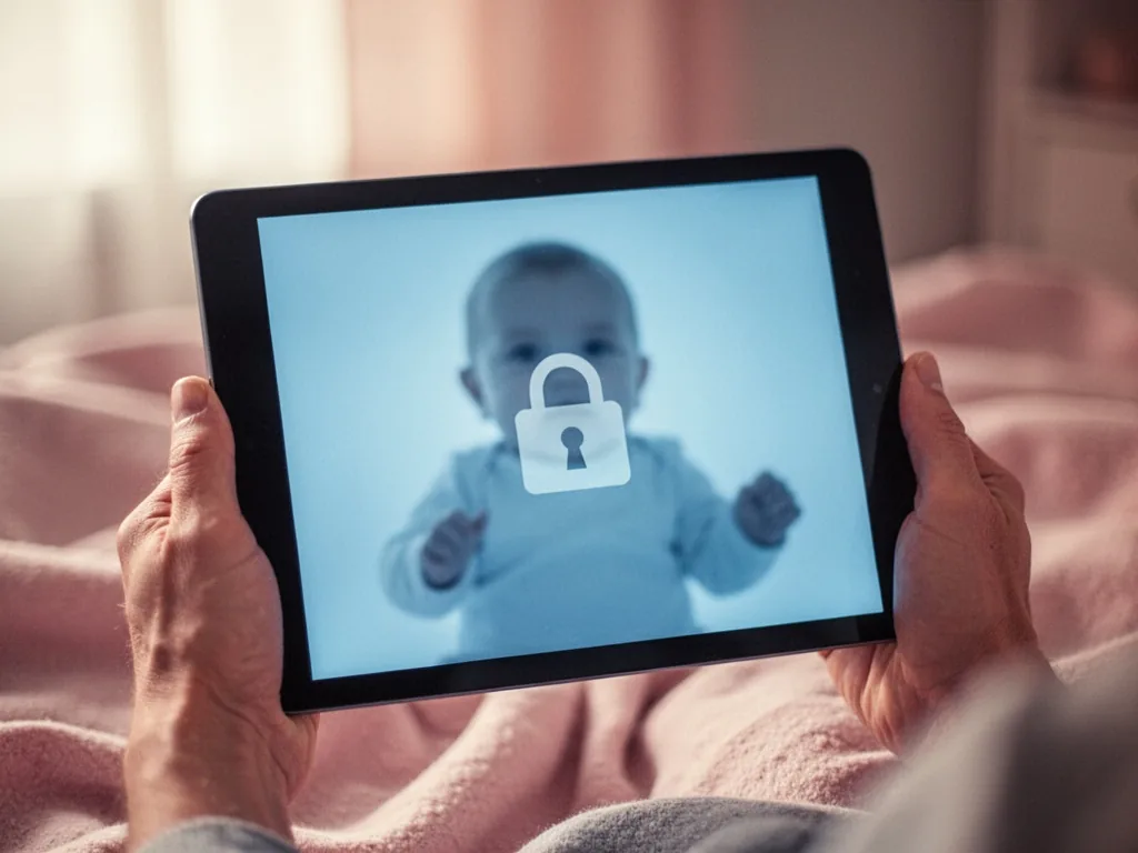 A pair of adult hands holding a tablet with a blurred baby silhouette on screen, a privacy lock icon faintly visible, co