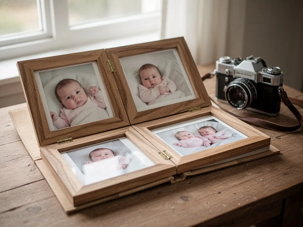 A wooden photo album open on a table, prints of baby photos inside, a vintage camera beside it, natural window light, ca