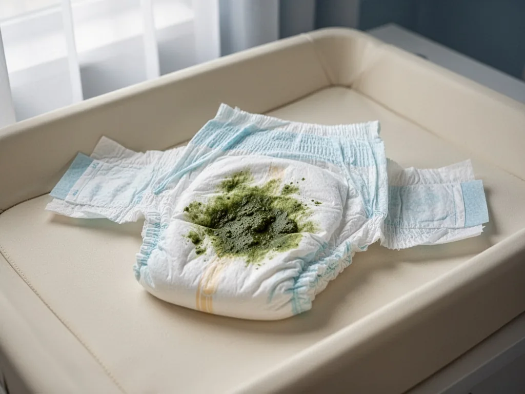 A cloth baby diaper with vivid green stool stains, spread open on a cream changing mat, soft window light