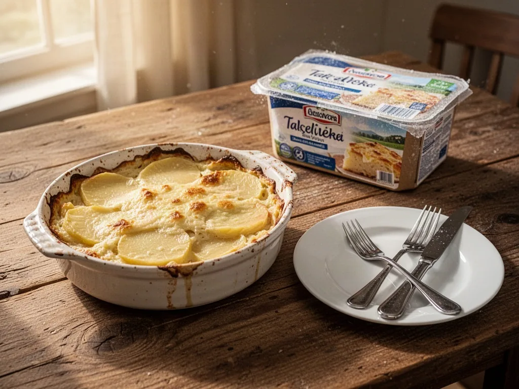 A ceramic baking dish of homemade tartiflette, a frozen cardboard package, and a white restaurant plate with cutlery arr
