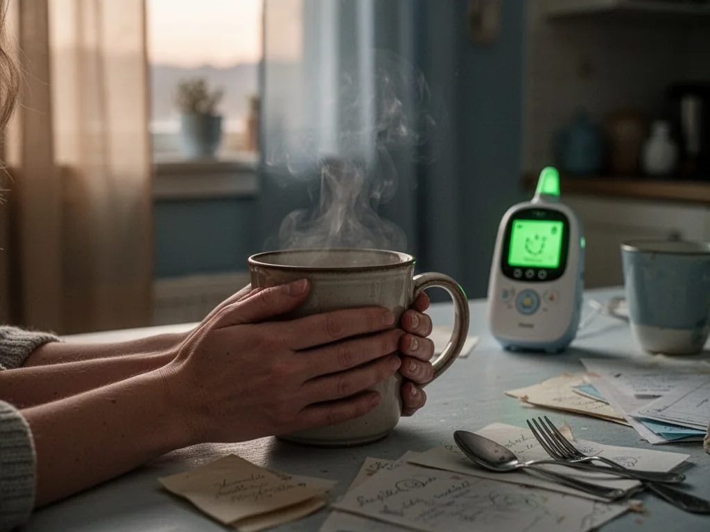 A pair of tired female hands wrapped around a steaming mug on a cluttered kitchen table, a baby monitor glowing green in