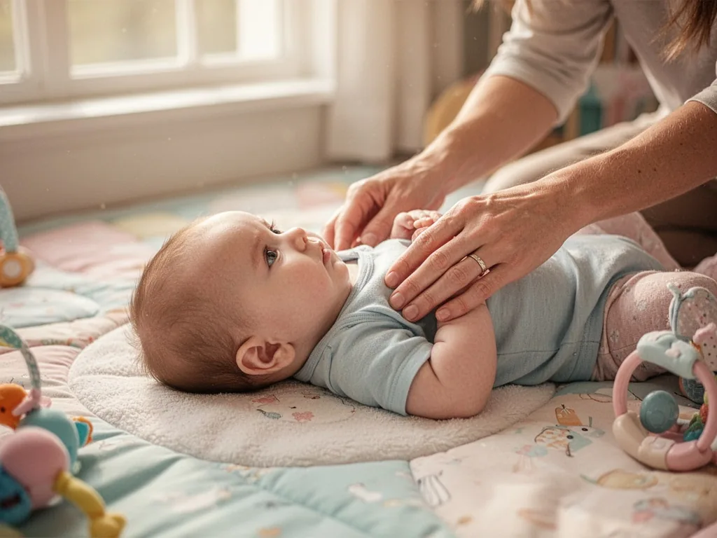 A baby lying on a soft play mat, head turned to one side, a parent's hands gently repositioning, warm daylight from a wi