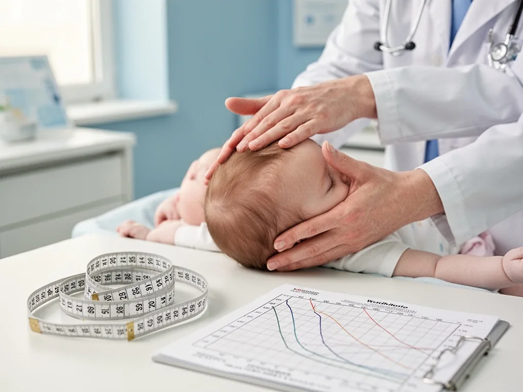 A pediatrician's hand gently palpating the back of a baby's head, a measuring tape and growth chart on the table, soft c