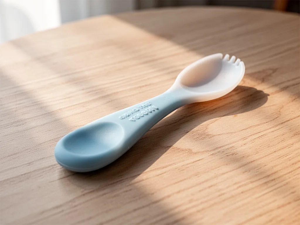 A close-up of a silicone baby spoon with visible teeth indentation marks on the handle, resting on a light wood table, s