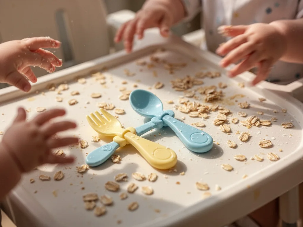 A miniature baby fork and spoon in pastel yellow and blue on a messy highchair tray with scattered oatmeal, blurred chil