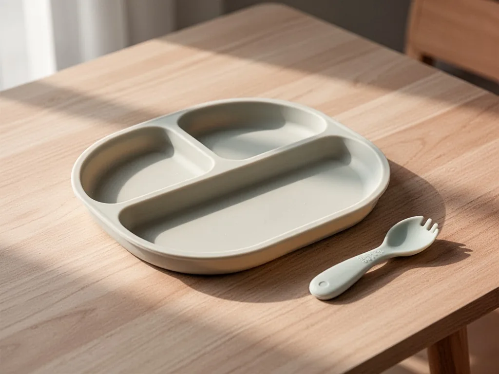 A pale silicone baby plate with three divided compartments, smooth surface, resting on a light wood table with a small s