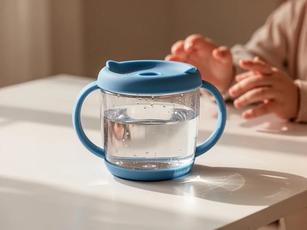 A 360-degree training cup with clear sides and blue silicone rim, half-filled with water, sitting on a white surface, sm