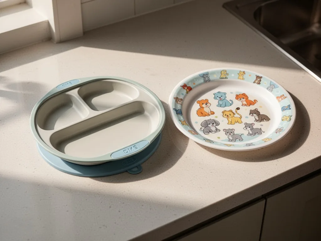 A DME baby plate with suction base and divided sections next to a classic plastic plate with cartoon animals, both on a