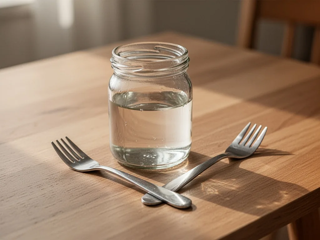 A small clear glass mustard jar filled with water, a stainless steel toddler fork placed beside it, on a wooden table, w