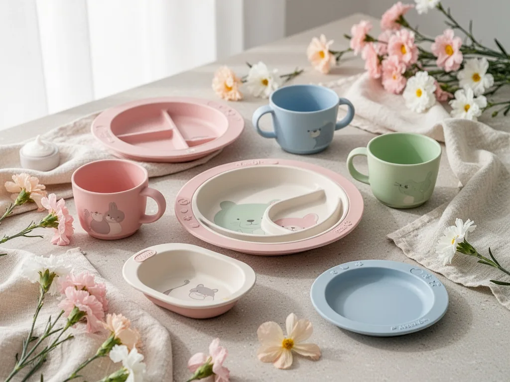 Ensemble de vaisselle pour bébé colorée : assiette ventouse, gobelet d’apprentissage et cuillères ergonomiques posés sur une table en bois.