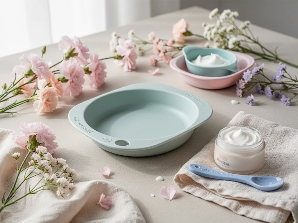 Assiette, bol et cuillère en silicone pastel pour bébé, posés sur un set de table en bois clair