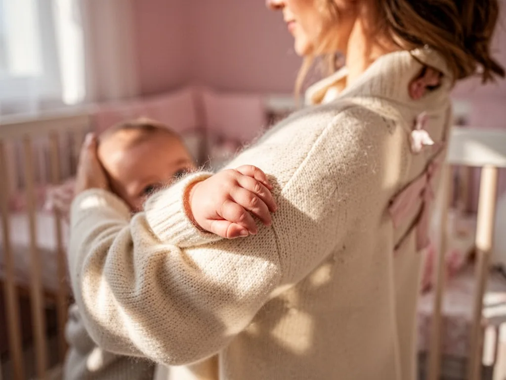 A baby's small hand gripping a mother's cream-colored sweater, blurred adult figure turning away, warm afternoon sunligh