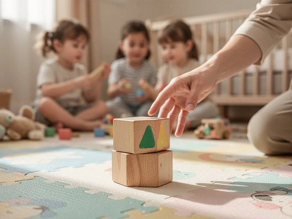 A wooden toy block on a colorful playmat, a caregiver's hand reaching toward it paused, blurred children playing in soft