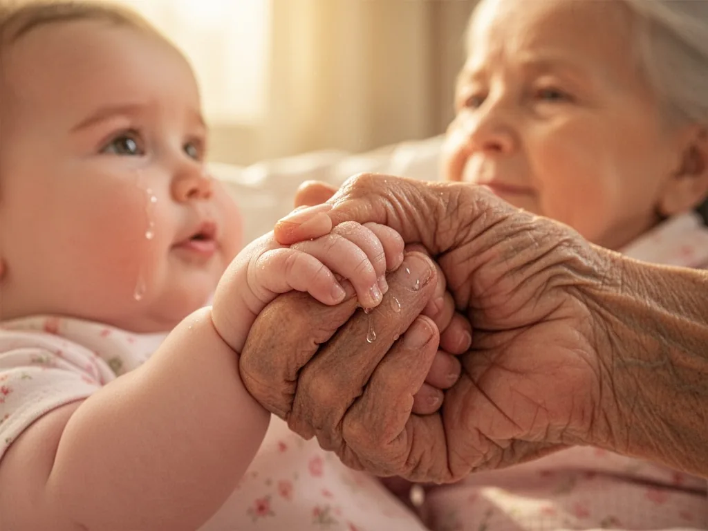 A baby's small hand gripping a grandmother's wrinkled hand tightly, tears glistening on a chubby cheek, soft window ligh